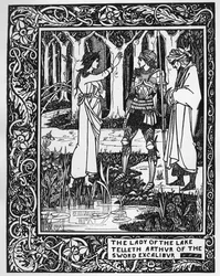 Lady of the Lake kertoo Arthurille miekasta Excalibur, piirros Sir Thomas Maloryn teoksesta "Le Morte d